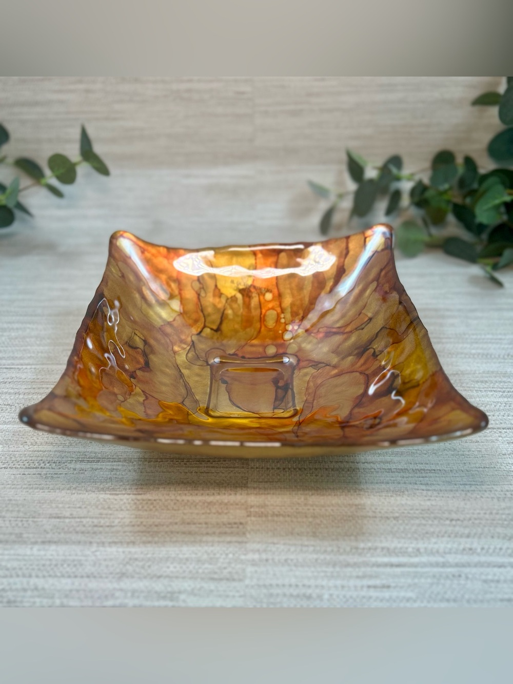 Il Quadrifoglio Italy Hand Decorated Art Glass Bowl Amber Gold Square